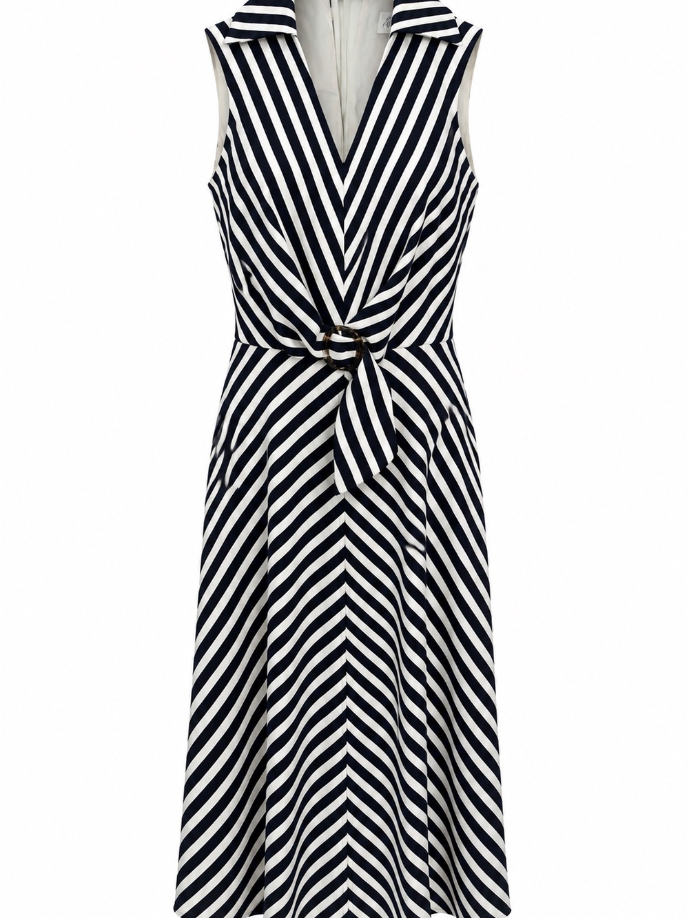 Joseph Ribkoff Navy and White Striped Sleeveless Midi Dress with Tie Belt